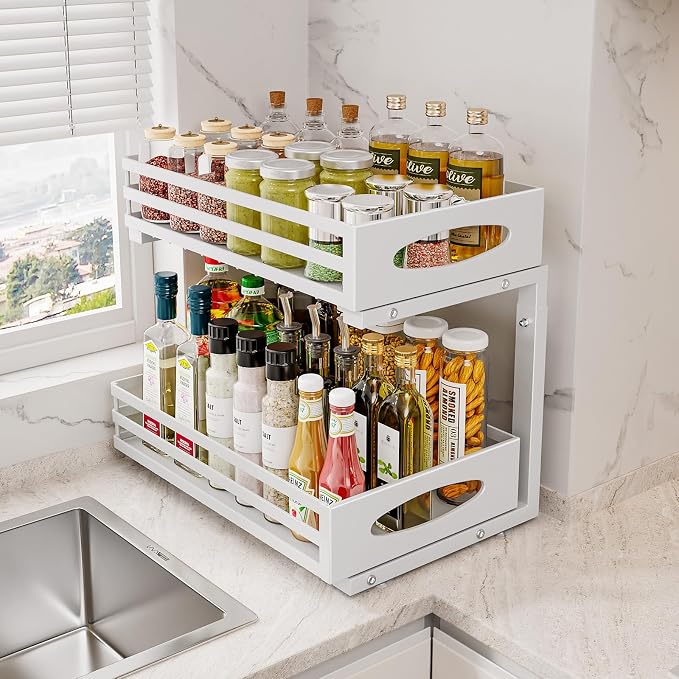 Under Sink Organizer, 2 Tier Under Sink Organizers and Storage, Adjustable Height, Slide out Metal Cabinet Organizers, Pull out Cabinet Storage Drawer Shelf for Kitchen Bathroom (White, 1 Pack)