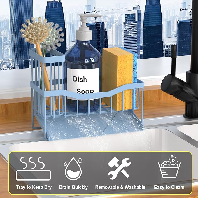 Fssvcd Maifan Sink Caddy Sponge Holder for Kitchen with Brush Holder and Stainless Steel Self Drain Tray, Rustproof Kitchen Sink Organizer for Sponge, Soap Dispenser Storage Accessories