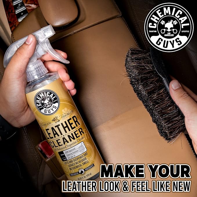 Chemical Guys, Colorless & Odorless Leather Cleaner, Car Interiors, 16 oz | Gentle, colorless cleaner lifts dirt from natural, synthetic and faux leather seats, furniture and apparel