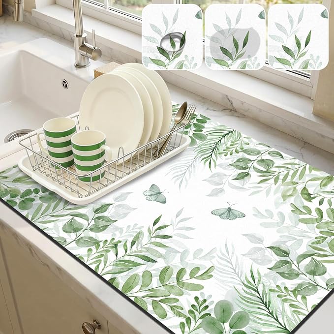 LOKHOM Dish Drying Mat for Kitchen Counter, 18"x24" Absorbent Mat with Green Plant & Butterfly Pattern, Drain Rack Mat for Counter Coffee Maker, Dining Room Decor