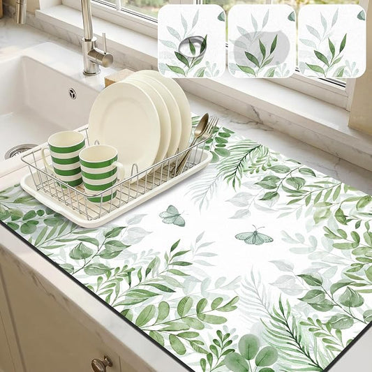 LOKHOM Dish Drying Mat for Kitchen Counter, 18"x24" Absorbent Mat with Green Plant & Butterfly Pattern, Drain Rack Mat for Counter Coffee Maker, Dining Room Decor