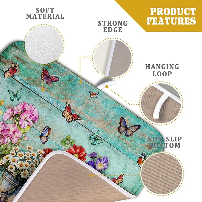 Flower Dish Drying Mat for Kitchen Counter 16x18 Inch Rustic Vintage Microfiber Absorbent Dishes Drainer Mats