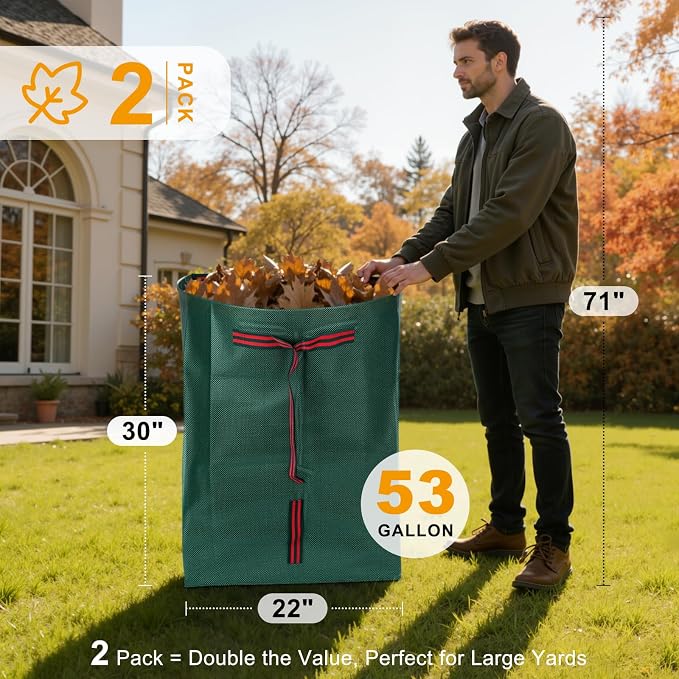 Reusable Yard Waste Bags, Waterproof, Heavy-Duty, Collapsible,2-Pack 53-Gal | Lightweight Leaf Collection Bags , Reinforced Handles, Ideal for Leaves, Grass Clippings & Garden Debris