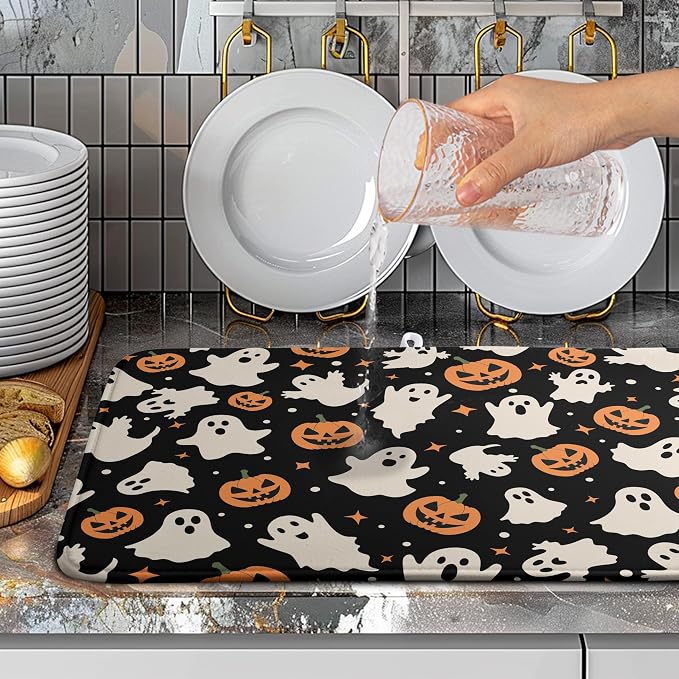 Halloween Dish Drying Mat for Kitchen Counter Pumpkin Spooky Ghosts Fall Dish Mat Absorbent Microfiber Reversible Dish Draining Mat Extra Large Dishes Pad 18 X 24 Inch