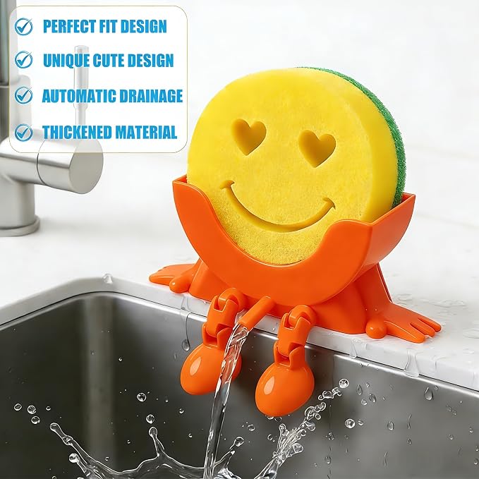 Cute Hanging Sponge Holder with Drainage,3D Printed Kitchen Funny Sponge Stand for Sink,with non-slip pads,Suitable for Scrub Daddy Holder,Keeps Your Sponge Dry Smiling (Orange)