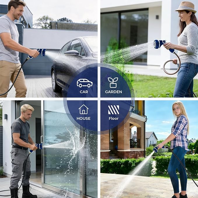 HugeDawn Garden Hose Nozzle with 7 Spray Patterns, Heavy Duty Metal Sprayer 30% Greater Water Flow for Watering, Car Wash, Outdoor Cleaning (Blue)