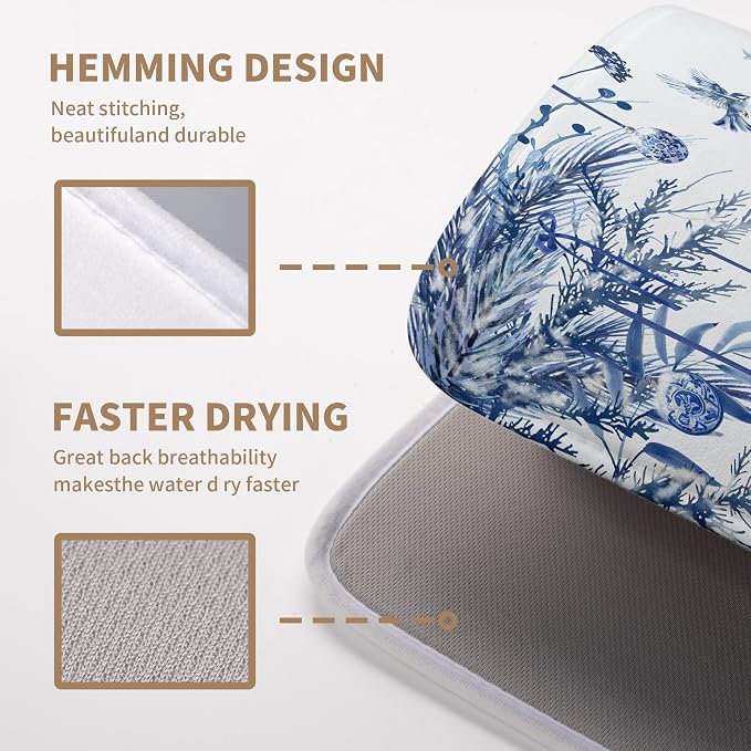 Christmas Tree Dish Drying Mat for Kitchen Counter 18x24 Inch Blue White Chinoiserie Winter Xmas Holiday Drying Mats Microfiber Absorbent Dish Draining Reusable Dish Drainer Pad
