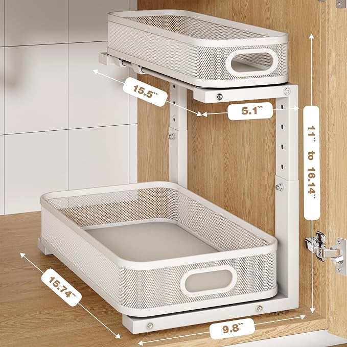 2 Pack Under Sink Organizer With Smooth Cylindrical Rail,2-Tier Pull Out Multi-Purpose Cabinet Storage for Bathroom&Kitchen,Height Adjustable,Rust-resistant Coating-White
