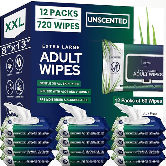 OPTEEL Adult Wipes for the Elderly – Extra Large 8x13, Pre-Moistened 720ct | Rinse-Free, Unscented, Super Soft, Aloe & Vitamin E Infused Disposable Washcloths for Personal Cleansing & Incontinence Care