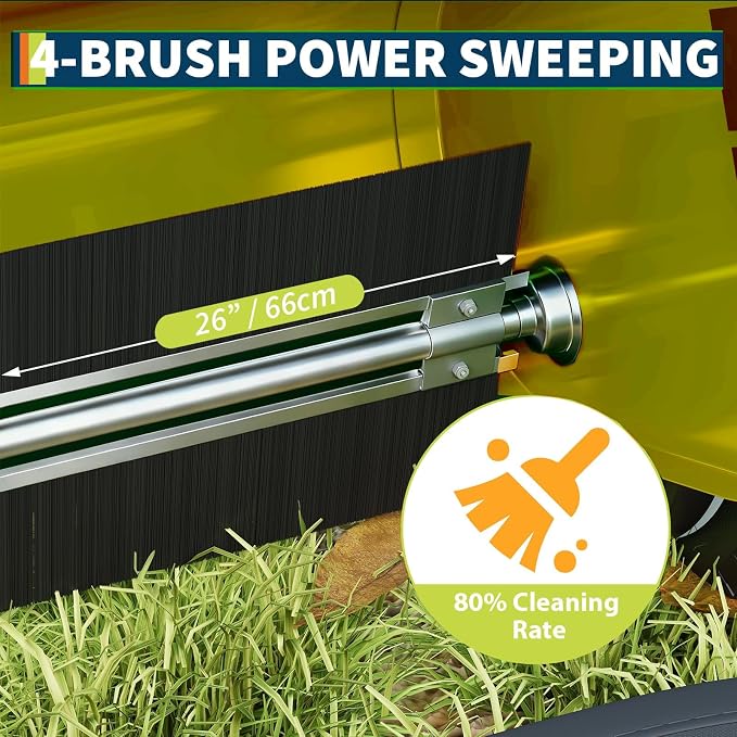 26-Inch Push Lawn Sweeper, Heavy Duty Stainless Steel Yard Sweeper with 4 Spinning Brushes, 7 Cu. ft. Large Capacity Hopper Bag, Adjustable Brush Height, Rubber Wheels for Leaves Grass Clippings
