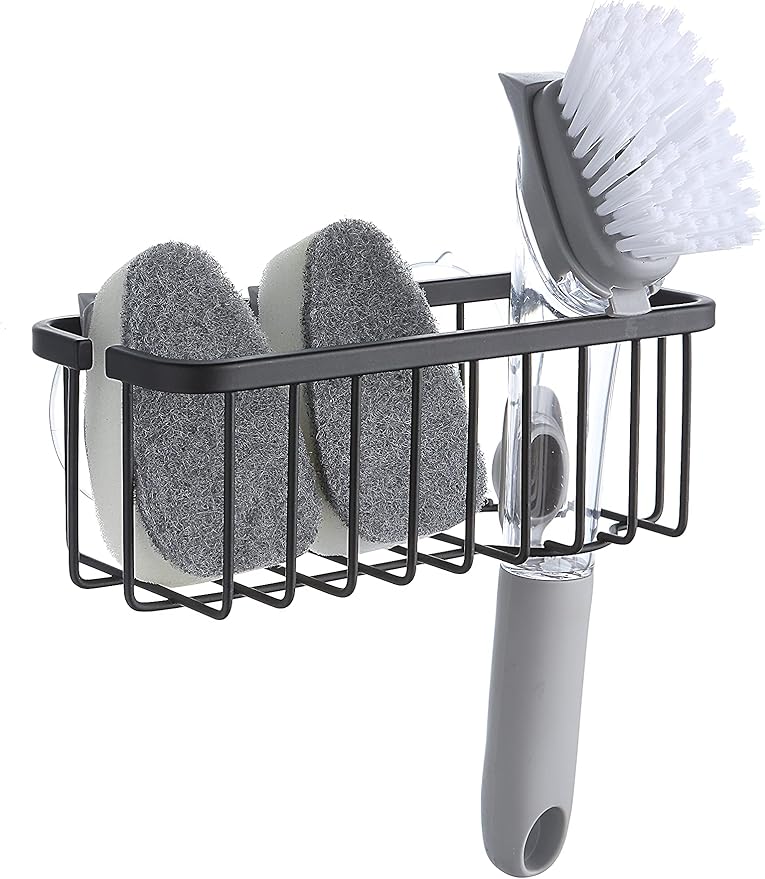 SunnyPoint NeverRust Deluxe Kitchen & Bathroom Sink Sponge Holder Organizer with Adhesive Mount - Additional Suction Cup Included – Sponge & Brush NOT Included – 7.4 x 3.3 x 2.75 Inch (Mat Black)