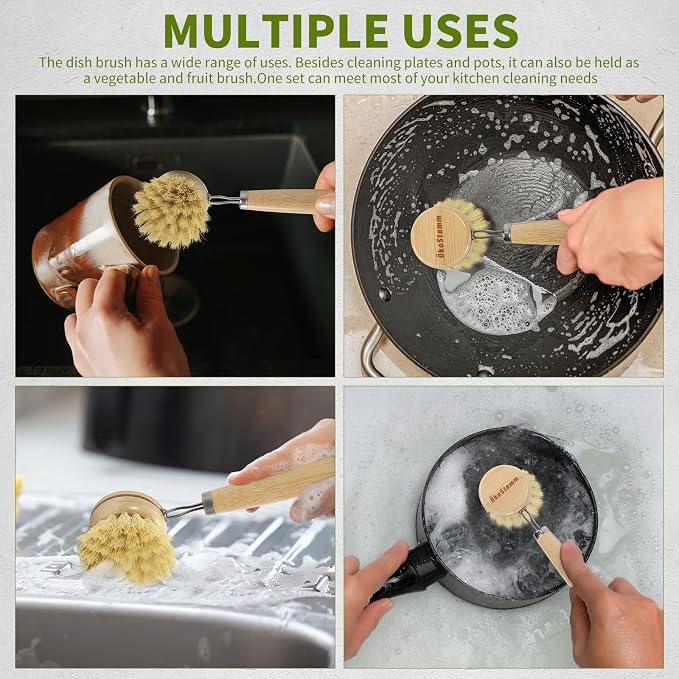 Bamboo Dish Brush with Long Handle - Natural Dish Scrubber Brush Set Includes 4 Replacement Brush Heads, Sisal Bristle Bamboo Brush for Dishes, Pans, Pot, Fruit and Veggie