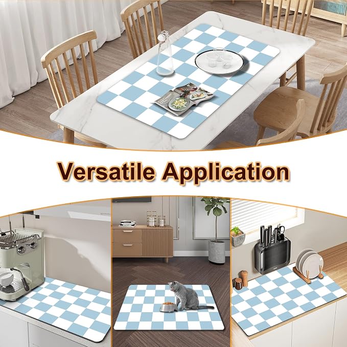 Dish Drying Mat for Kitchen, 16'' x 24'' Checkered Coffee Bar Mat for Countertops, Coffee Station Mat with Non-slip Rubber Backed, Absorbent Dish Dying Pat for Kitchen Counter, Blue & White