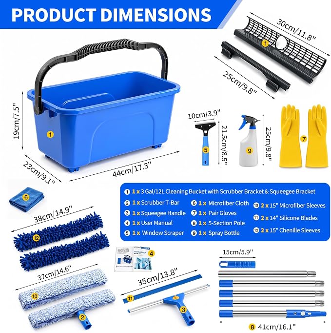 Window Cleaning Kit with 3 Gal Cleaning Bucket, Professional 14" Window Squeegee & 15" Window Scrubber with 78" Extension Pole, 18 PCS Glass Cleaning Tool Set for Home, Outdoor Car Window Cleaner