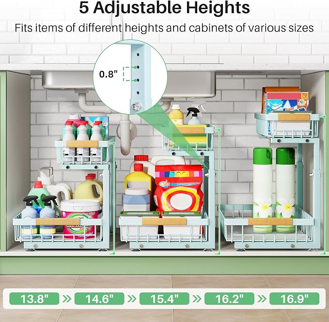 Kitstorack Under Sink Organizer, 2 Tier Under the Sink Storage, Slide out Pull out Cabinet Organizer Shelf, Metal Sliding Drawer for Kitchen Bathroom Pantry Closet Organization Rack, Blue, 2 Pack