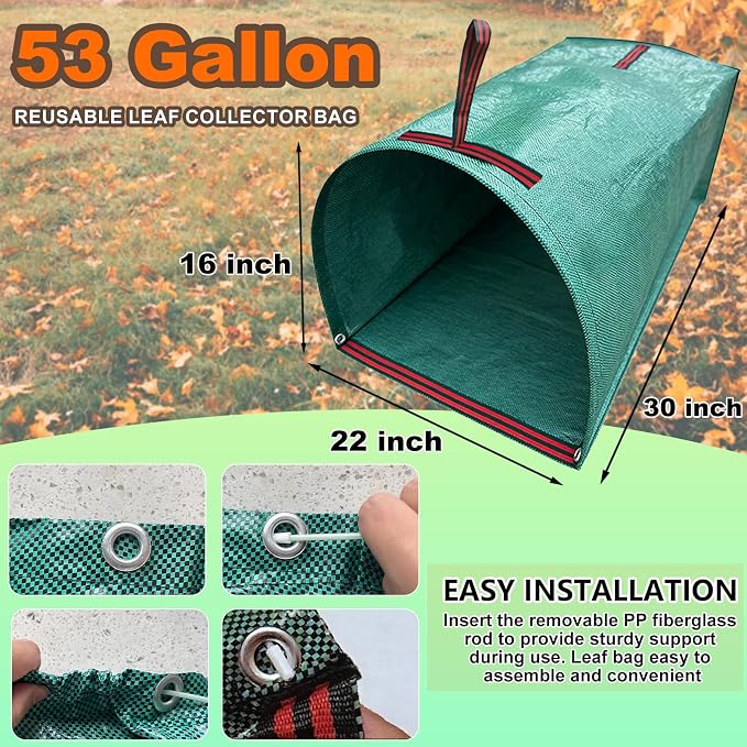 53 Gallon Leaf Collector, Reusable Leaf Bag, Dustpan-Type Yard Garden Bag | Heavy Leaf Pick up Tool Collapsible Lawn and Leaf Bag, Garden Yard Waste Container for Leaves, Lawn Debris, Grass Clippings