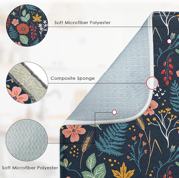 Sanwarm Absorbent Dish Drying Mat, All Lace Colorful Flowers Ornaments Microfiber Pad for Kitchen Counter, Coffee Bar Decor, Heat Resistant and Reversible, 18" x 24"