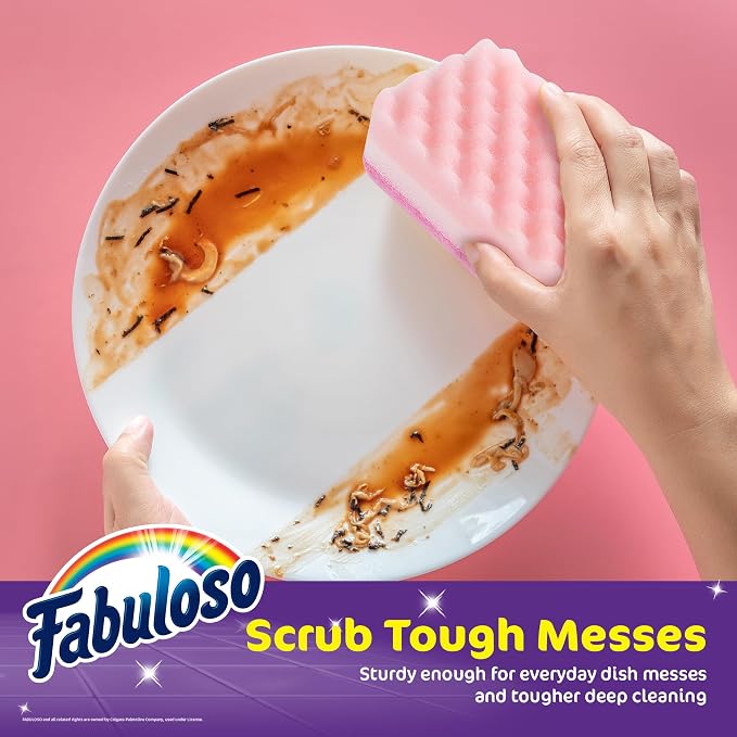 Fabuloso Scratch-Free Kitchen Dish Sponges, Rainbow Cellulose Scrubber Sponge with Scouring Pad for Dishes, Pots, Pans, Counters and Sinks, Tough on Messes, 4.25 x 2.75 x 1.25 in, 4 Count