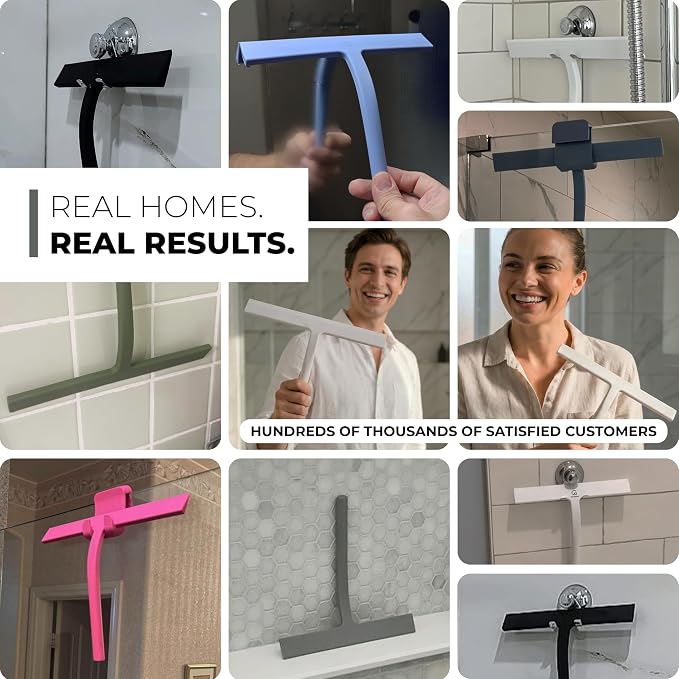 GÜTEWERK Silicone Shower Squeegee for Glass Doors & Mirrors with Stainless Steel Core, Streak-Free & No-Squeak Window Cleaning, 3-in-1 No-Drill Mount (Hook/Suction/Adhesive),White, 9 Inches