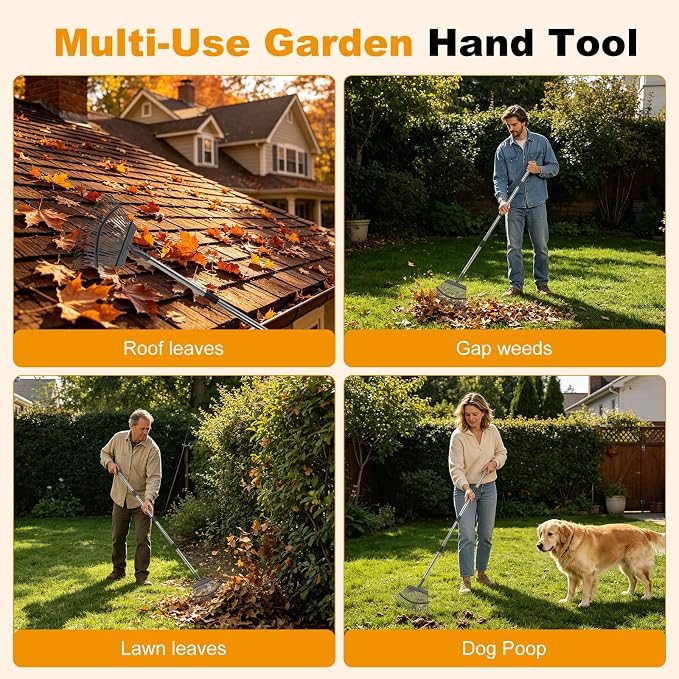 Heavy Duty Garden Rake, Metal Leaf Rake with 73 Inch Adjustable Handle and 25 Tines for Lawn, Yard, Garden Beds, Leaves, Debris and Shrubs