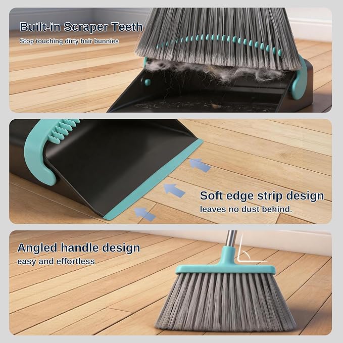 Broom with Dustpan Combo Set,Pet Hair Rubber Broom with Carpet Rake and Squeegee,Long Handle Broom with Upright Standing Dustpan for Indoor Cleaning (Black)