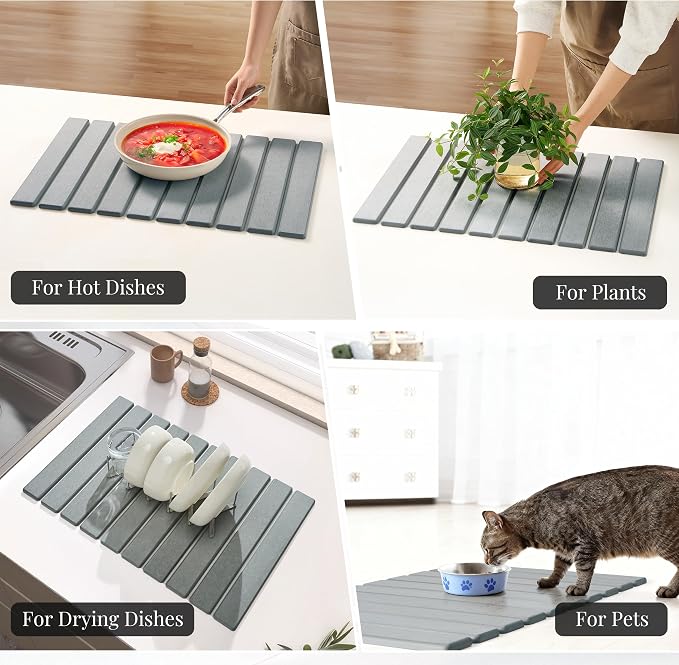 Diatomaceous Stone Dish Drying Mat with Collapsible Steel Rack - Quick Dry Kitchen Counter Set, Space Saving Foldable Dryer