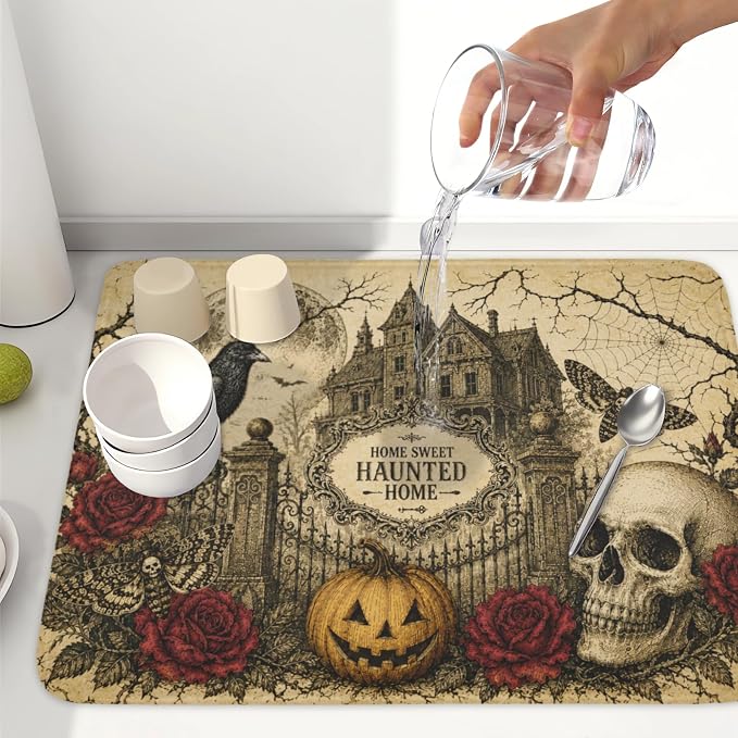 Halloween Pumpkin Dish Drying Mat for Kitchen Counter 18 x 24 Inch Ghost Castle Dish Drainer Mat Absorbent Microfiber Rose Skull Crow Dish Rack Pad for Coffee Dining Bar Decor