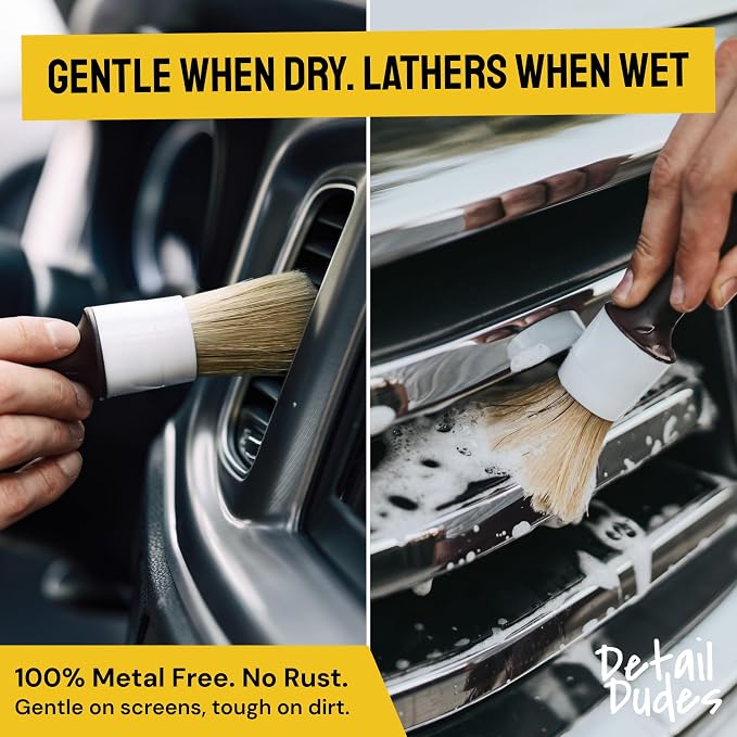 Car Detailing Brush Set 3-Pack, Interior and Exterior, Detail Dudes | Scratch-Free Boars Hair - Exterior & Interior Cleaning Brushes - Safe for Leather, Piano Black Trim, Dashboards & Wheels