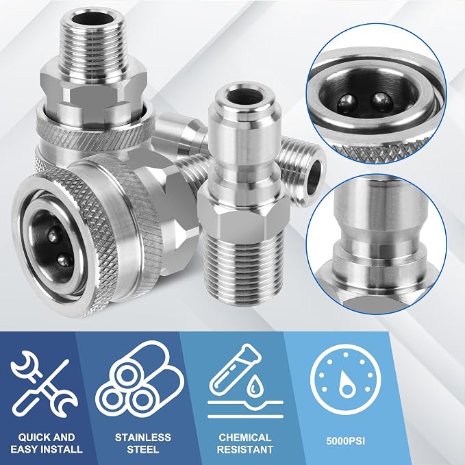 Pressure Washer Quick Connect 3/8 Inch,Stainless Steel 3/8" NPT Male Thread Quick Connect Hose Fittings Adapter, 8 Pieces
