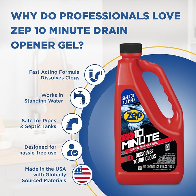 Zep 10 Minute Drain Opener Gel 64 oz (Case of 6) ZHCR64NG - Commercial Strength, Fast Acting and Safe For All Pipes
