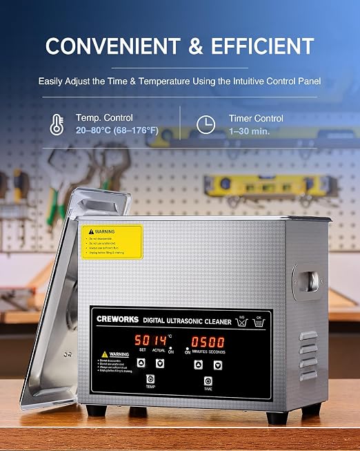 CREWORKS 3L Ultrasonic Cleaner, 0.8 gal Digital Sonic Cavitation Machine, 120W Stainless Steel Professional Jewelry Cleaner for Cleaning Tool Watch Glasses Retainer Denture Parts with Heater & Timer