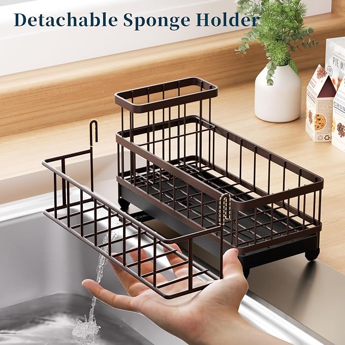 Consumest Sponge Holder for Kitchen Sink - Auto Draining Sink Caddy Organizer with Detachable Rack, High Brush Holder, Kitchen Countertop Storage Accessories, Bronze