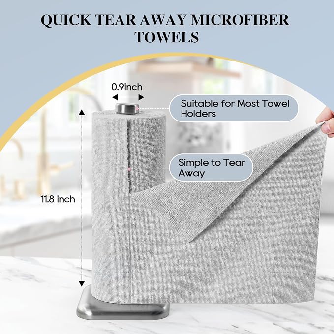 Microfiber Cleaning Cloth Roll 45 Pack, 12"×12", Reusable, Tear Away, Grey | Reusable Paper Towels Washable Roll, Highly Absorbent, Lint Free Dish Rags for Kitchen, Window, Car, Shop