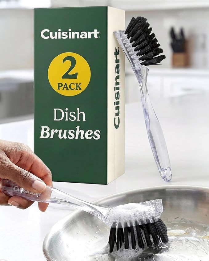 Cuisinart Dish Brush with Handle, 2 Pack, Firm Bristles | Multi-purpose dish scrubber for plates, pots, and pans, deep cleaning removes grease, safe for nonstick, built-in scraper