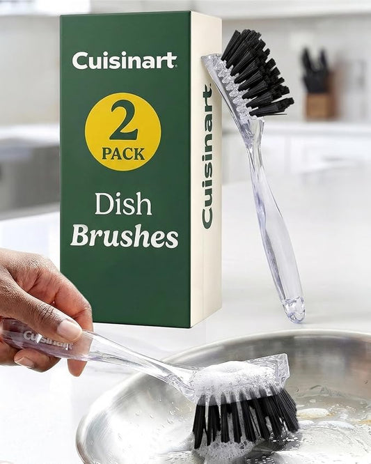 Cuisinart Dish Brush with Handle, 2 Pack, Firm Bristles | Multi-purpose dish scrubber for plates, pots, and pans, deep cleaning removes grease, safe for nonstick, built-in scraper
