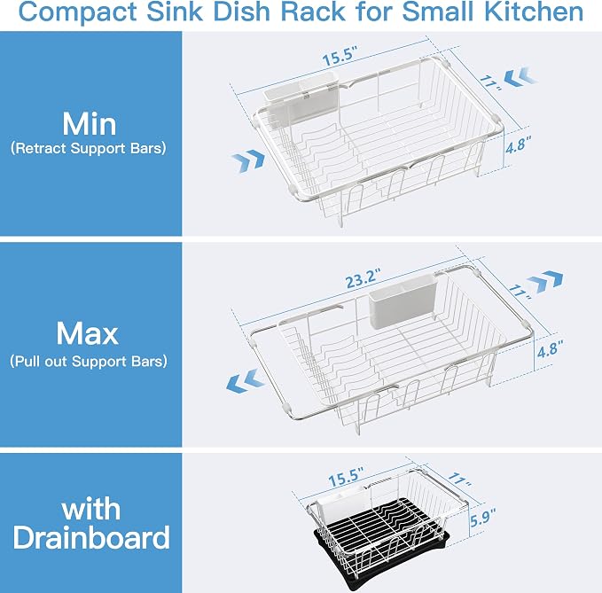 JASIWAY Dish Drying Rack in Sink, Expandable Stainless Steel Dish Drainers with Drainboard for Kitchen Counter, Space Saving Dish Dryer Rack, Over The Sink Dish Racks with Utensil Holder & Cups Holder