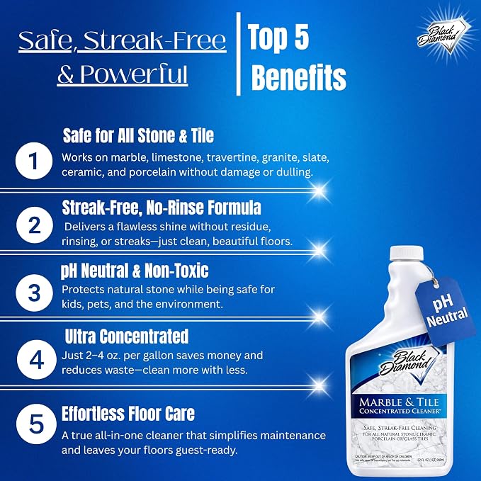 Black Diamond Stoneworks Marble & Tile Floor Cleaner Concentrate, pH Neutral, Streak-Free & No-Rinse Formula for Granite, Travertine, Limestone, Slate, Ceramic & Porcelain Floors (1 Quart)