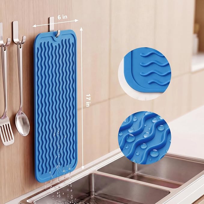MicoYang Silicone Dish Drying Mat for Multiple Usage,Easy clean,Eco-friendly,Heat-resistant Silicone Mat for Kitchen Counter,Sink,Bar,Bottle,or Cup Lichen Blue M 17 inches x 6 inches