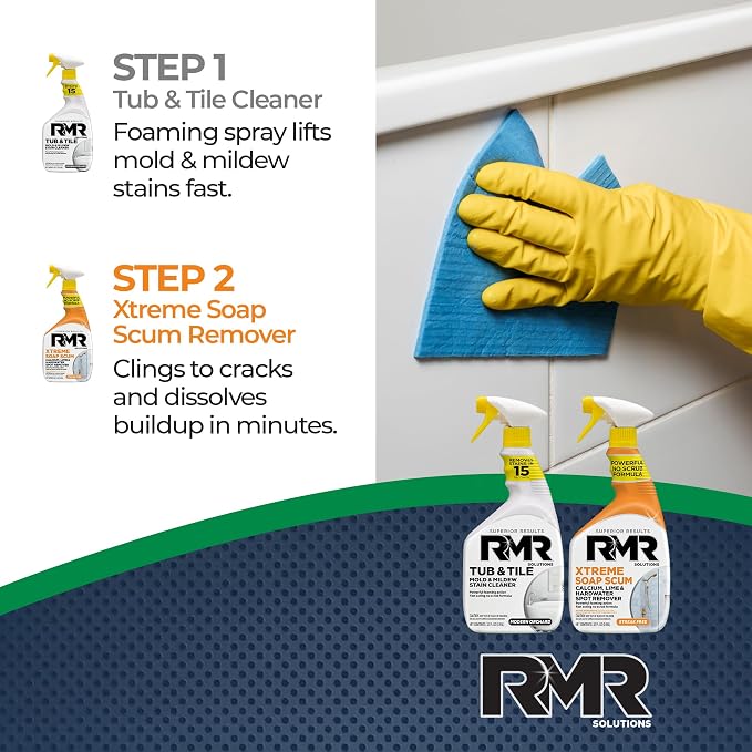 RMR Bathroom Breakthrough Bundle – Tub & Tile Cleaner + Xtreme Soap Scum Remover, 2-Step Deep Clean System for Shower, Tub, Tile, Grout, & Glass Buildup, Stains, & Grime, 2–32 Oz Bottles