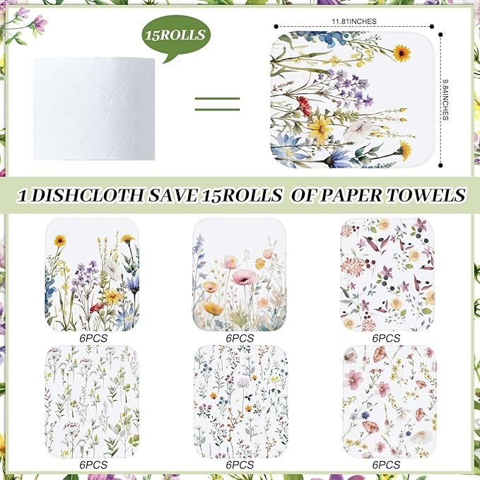 36 Pack Reusable Cleaning Cloths Washable Cotton Kitchen Dish Towels for Home Party Supplies Bulk, 9.84x11.81in (Wildflowers)