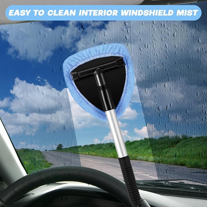 Potchen 8 Pcs Car Windshield Cleaner Tool Kit with Extendable Handle, Microfiber Towel Pads, Brush, Empty Spray Bottle for Auto Glass Wiper Suvs Rvs & Home Windows(Light Blue)