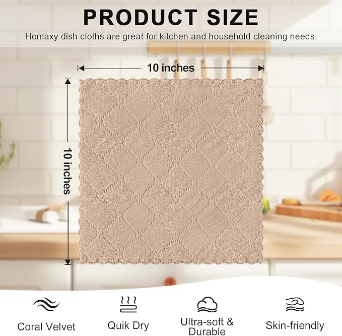 Homaxy 12 Pack Kitchen Dish Cloths (10 x 10 Inches, Tan), Super Soft and Absorbent Coral Velvet Dish Towels, Nonstick Oil Fast Drying Microfiber Cleaning Cloth, No Lint Household Dishcloths