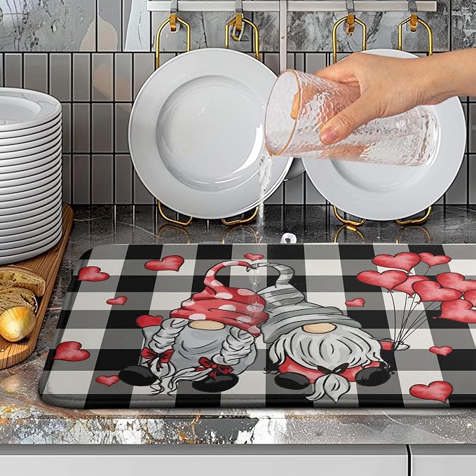 Valentine Gnome Hearts Dish Drying Mat Valentines Gnomes Dishes Dryer Mats for Kitchen Countertop 18x24 Inches Under Coffee Maker Drainer Matt Microfiber Large