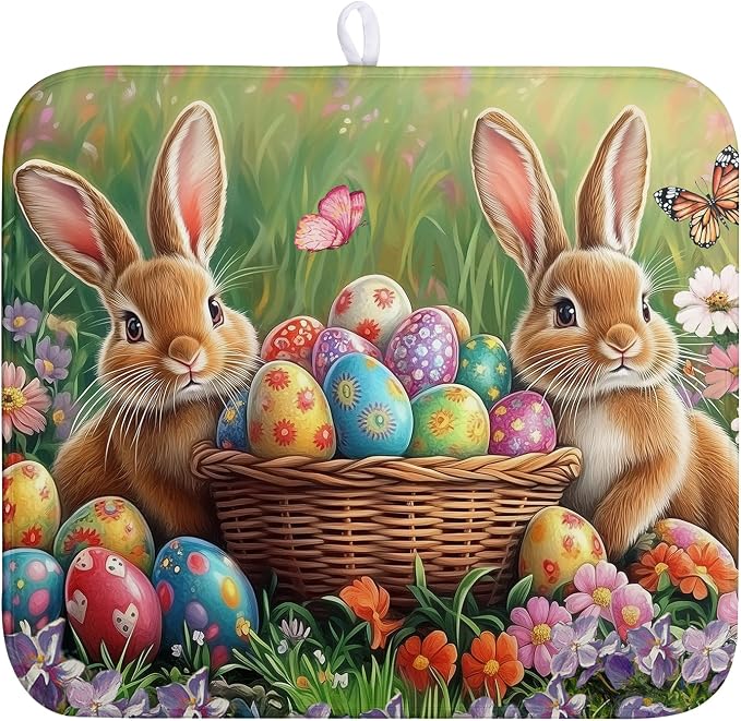 Easter Bunny Eggs Dish Drying Mat for Kitchen Counter 16x18 Inch Spring Easter Rabbit Flowers Drying Mat Microfiber Dish Drainer Rack Mats Absorbent Reversible Dishes Pad Dish Dryer Mat
