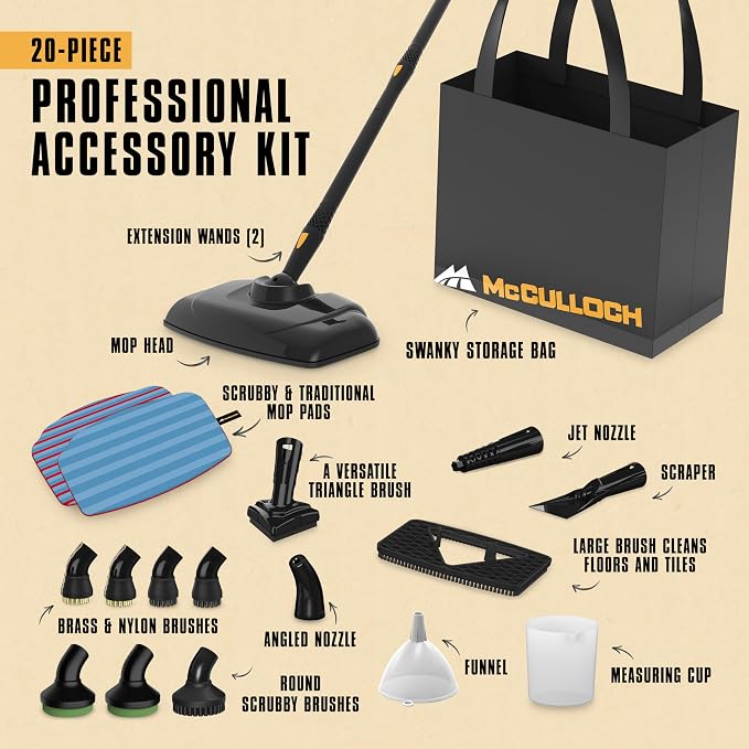 McCulloch Canister Steam Cleaner MC1375, 90 Minute Runtime, 20 Accessories, Jet Nozzle, Brushes, & More - Steam Cleaner for Home, Tile, Carpet, Furniture, & Personal Car Detailing