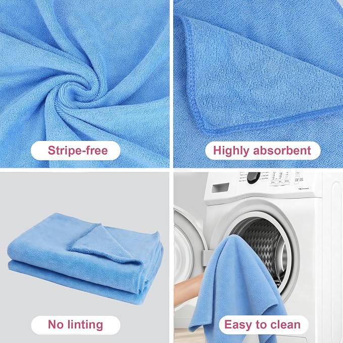 4 Pcs Extra Large Microfiber Cleaning Cloth 30 x 20 Inch Reusable Thick Cleaning Towel Washable Solid Color Microfiber Towel for Home Office Window Cars Glass (Blue)