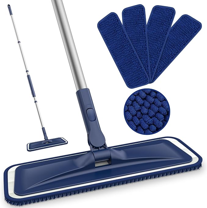 BPAWA Microfiber Mops for Floor Cleaning: Flat Mop for Wood Laminate Tile | 4 Washable Chenille Pads fit for Swiffer PowerMop, 59" Adjustable Handle, Dry Wet Mopping Home Hardwood Vinyl Multi-surfaces