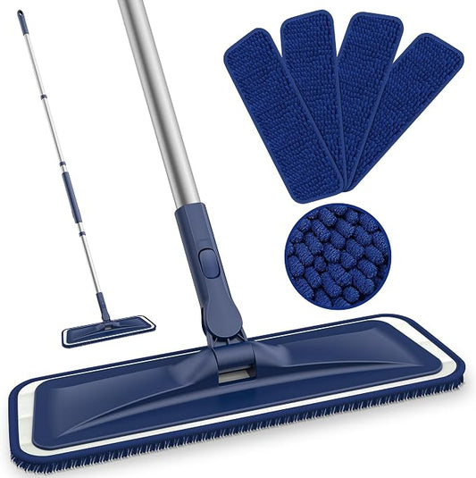 BPAWA Microfiber Mops for Floor Cleaning: Flat Mop for Wood Laminate Tile | 4 Washable Chenille Pads fit for Swiffer PowerMop, 59" Adjustable Handle, Dry Wet Mopping Home Hardwood Vinyl Multi-surfaces