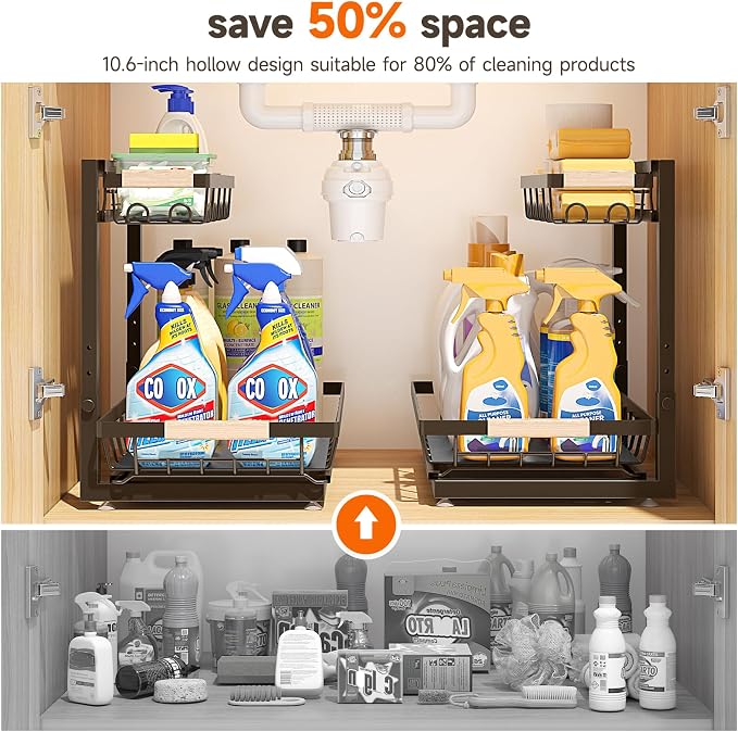 Sevenblue 2-Pack 2-Tier Height Adjustable Under Sink Organizer & Storage | Multi-purpose storage for kitchen & bathroom cabinet. Large brown shelf, height adjustable design for space-saving.