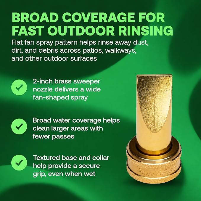 Rain Bird HENZLB2SWP 2-Inch Lead-Free Solid Brass Fan Sweeper Hose End Nozzle - High Pressure Garden Hose Sprayer with Flat Fan-Like Broom Spray Pattern, 3/4 in. GHT Connection for Outdoor Cleaning